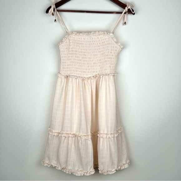 Cream Ruffle Smocked Dress Apx Size XS Boho Summer Fairycore Mini Gold Tie 0104 - Picture 1 of 7